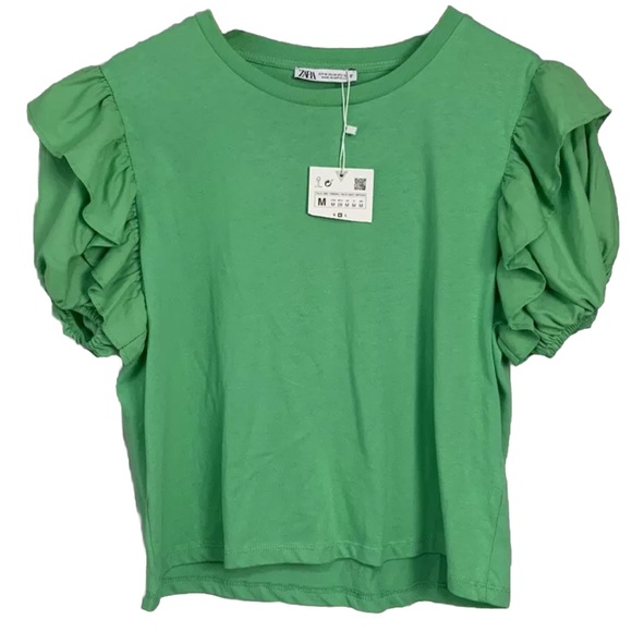 Zara Tops - Zara Emerald Green Ruffle Puff Sleeves Top Sz M Stretch Blouse